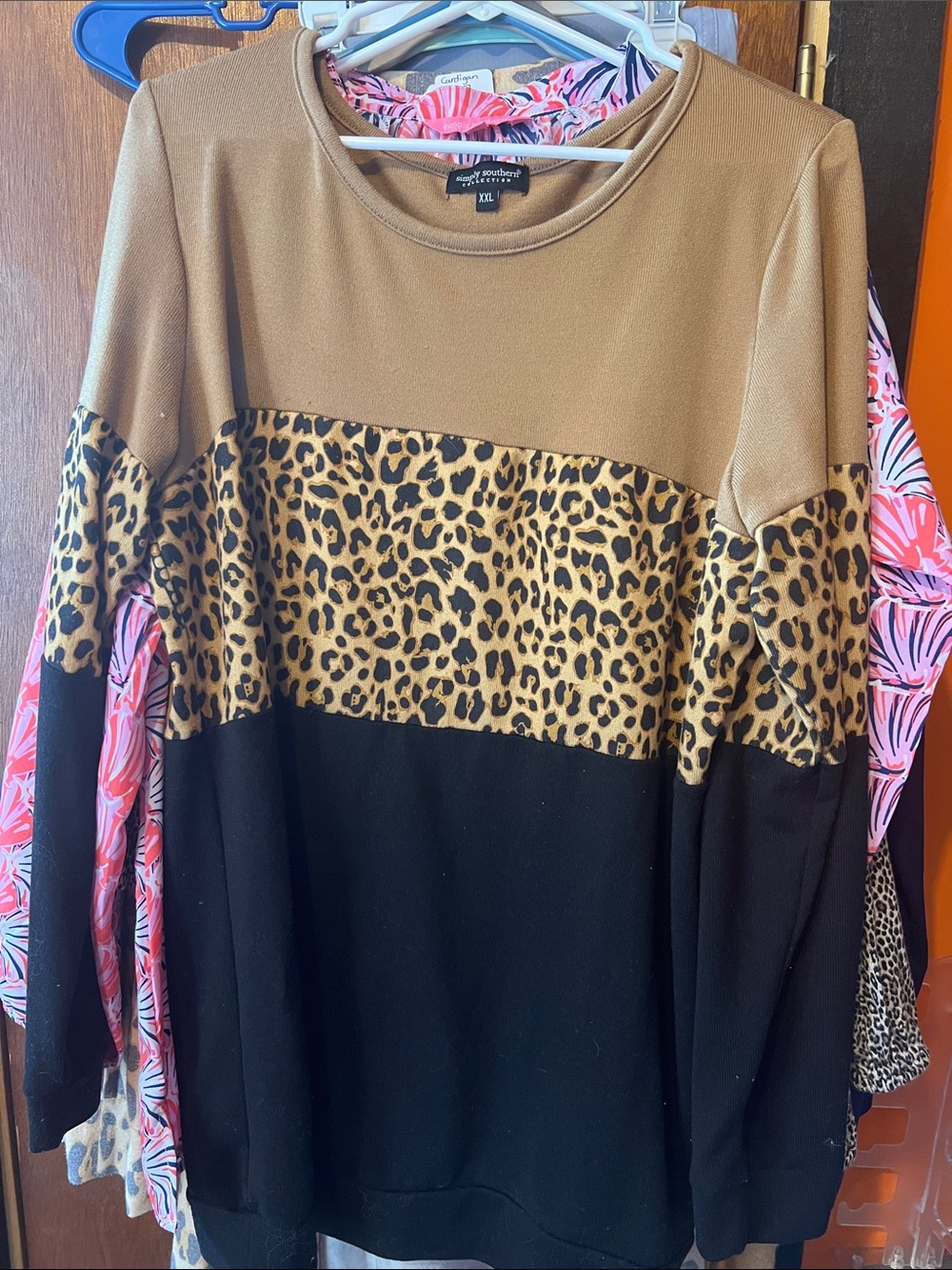 Simply Southern Tan Leopard Colorblock Pullover Sweatshirt with Black